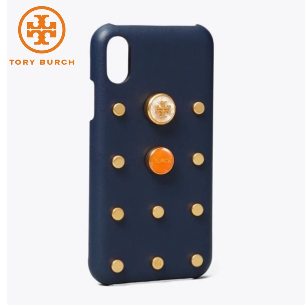 Tory Burch Navy Blue Phone Case with Gold Accents